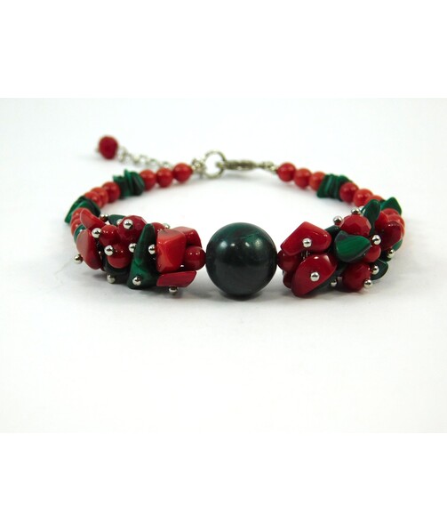 Exclusive bracelet "Poinsettia", Malachite, Coral