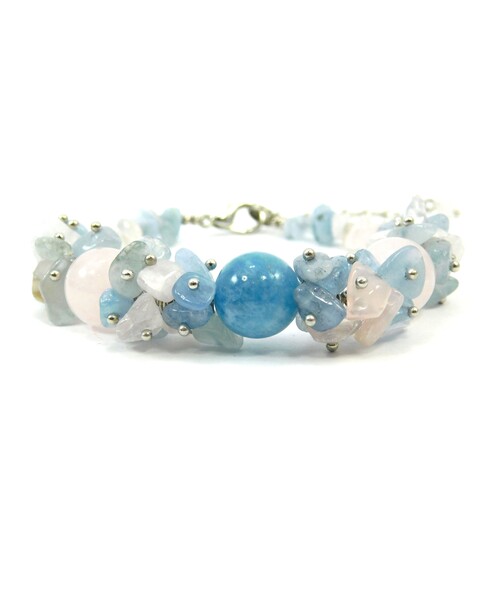 Exclusive bracelet "Frost", Aquamarine, Rose quartz