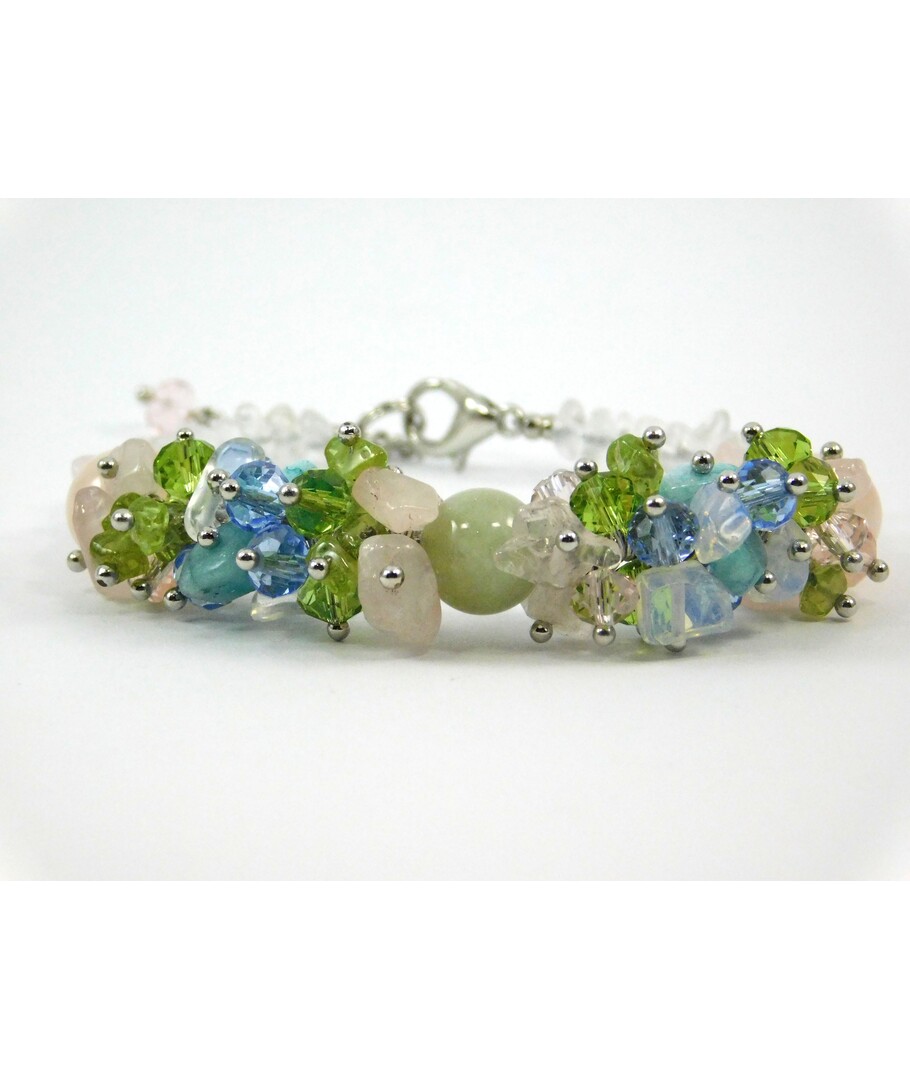 Bracelet "Summer Flowers" Morganite, Chrysolite, Rose Quartz, Moonstone