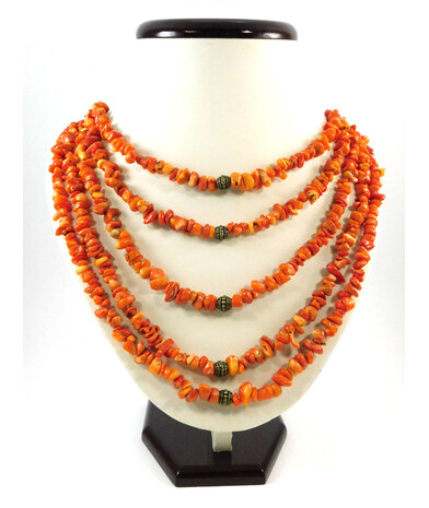 Exclusive necklace "Orange coral crumb" 5 rows ("Ethnic" collection)