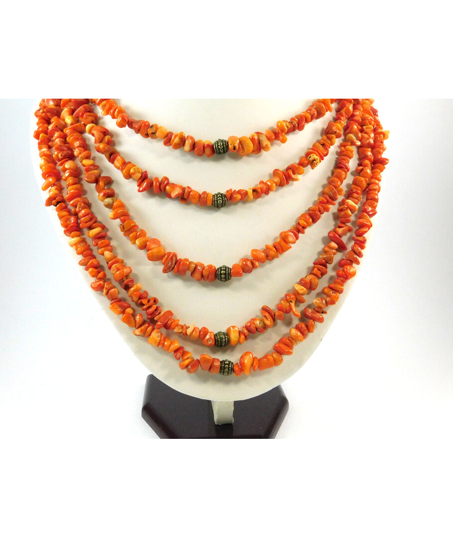 Exclusive necklace "Orange coral crumb" 5 rows ("Ethnic" collection)