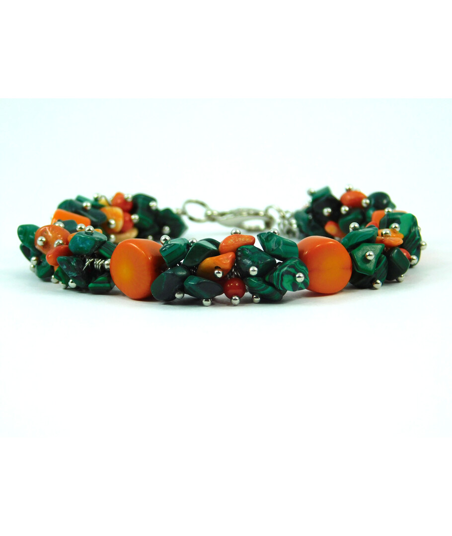 Exclusive bracelet "Flowering Dahlia", Coral, Malachite