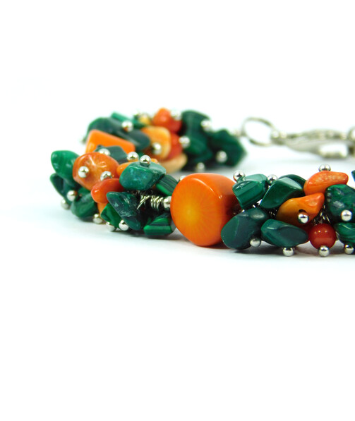 Exclusive bracelet "Flowering Dahlia", Coral, Malachite