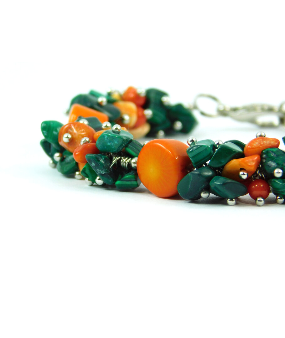 Exclusive bracelet "Flowering Dahlia", Coral, Malachite