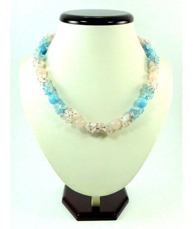 Exclusive necklace "Gentle overflow 2" Aquamarine, Rose quartz