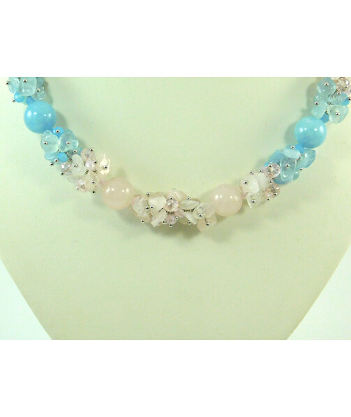 Exclusive necklace "Gentle overflow 2" Aquamarine, Rose quartz