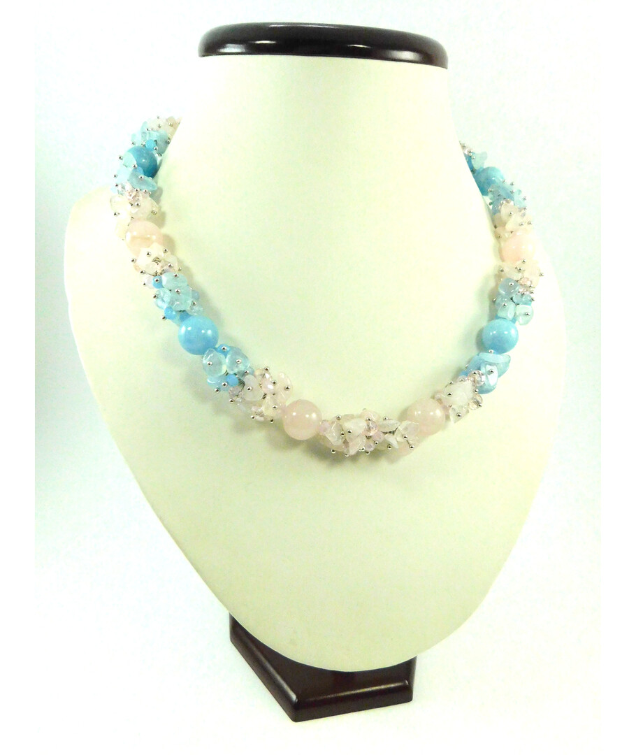 Exclusive necklace "Gentle overflow 2" Aquamarine, Rose quartz