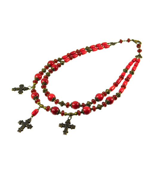 Exclusive coral necklace "Coral charms" with three crosses ("Ethnic" collection)