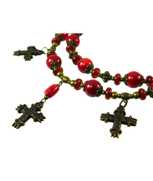 Exclusive coral necklace "Coral charms" with three crosses ("Ethnic" collection)