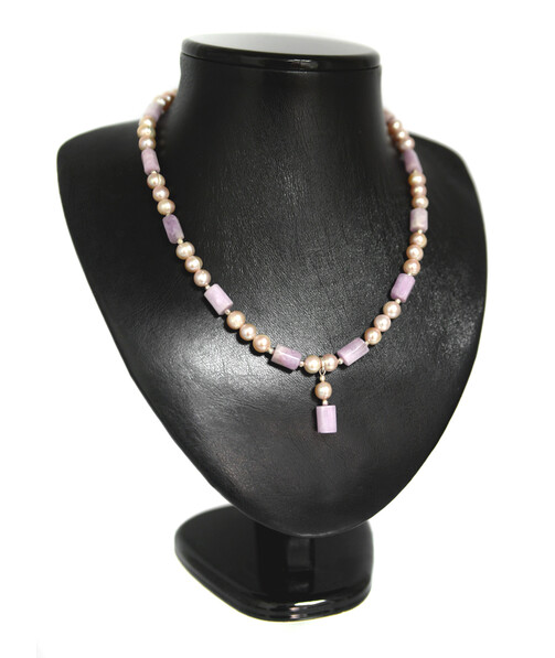 Exclusive necklace "Oksana" Kunzite cylinder, Pearls