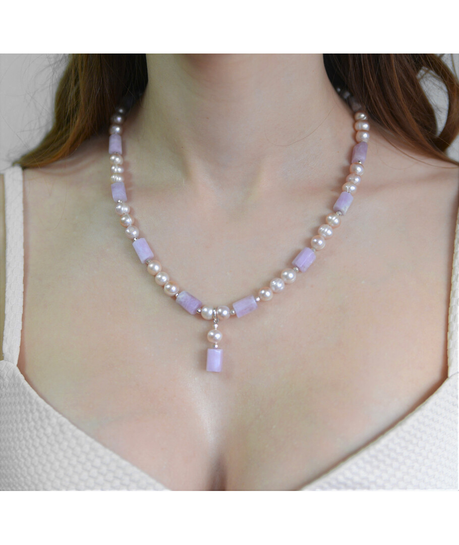 Exclusive necklace "Oksana" Kunzite cylinder, Pearls