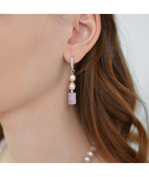 Exclusive earrings "Oksana" Kunzite cylinder, Pearls