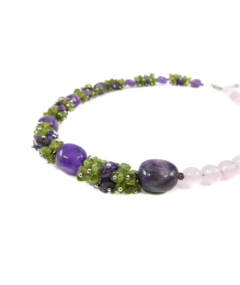 Exclusive necklace "Lavender field" Amethyst, chrysolite crumb