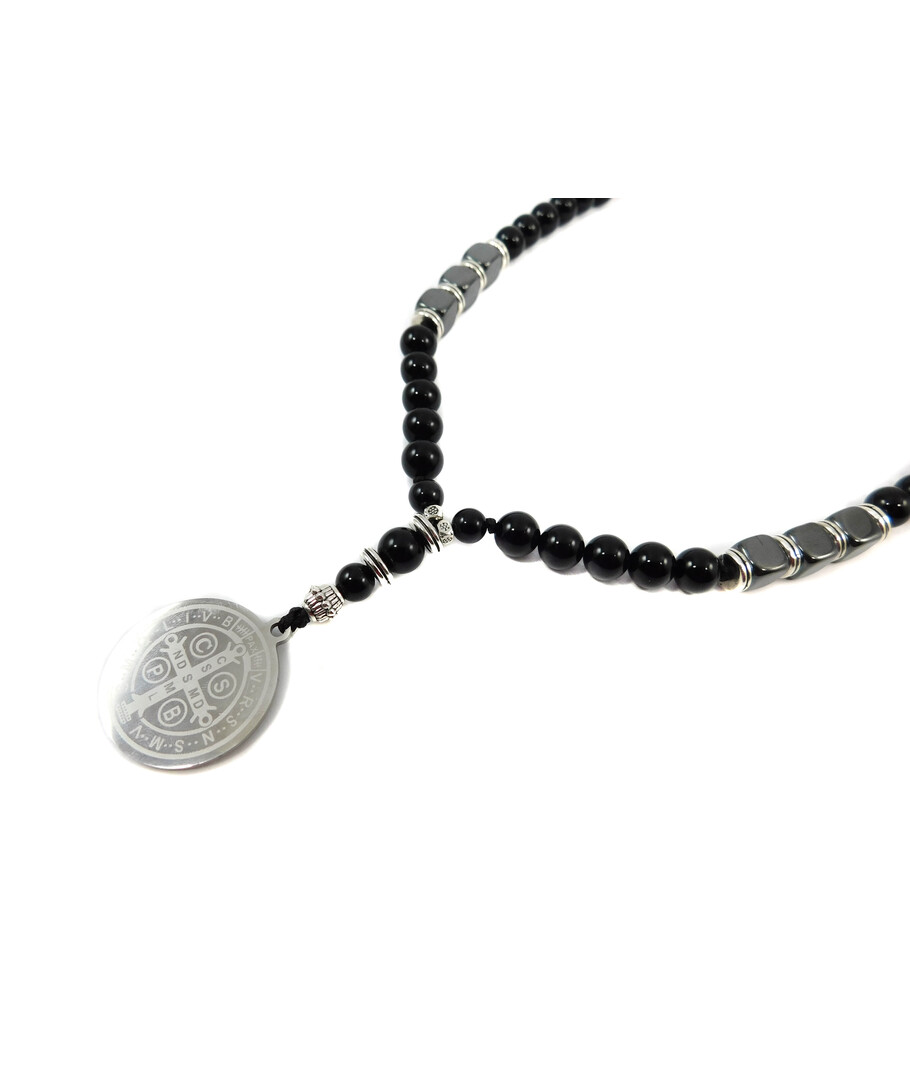 Exclusive amulet necklace St. Benedict Agate sphere, Hematite cube