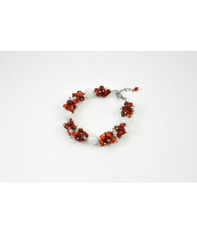 Exclusive bracelet "Viburnum under the snow" Adular sphere, Coral crumb, 10 mm