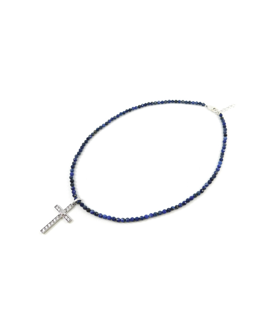 Exclusive necklace Cross with cubic zirconia, lapis lazuli cut 3.5 mm