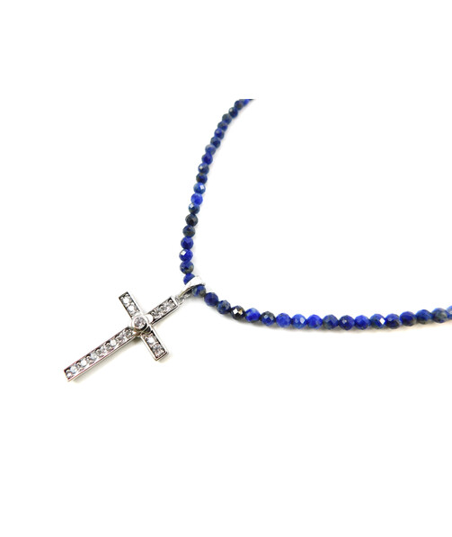 Exclusive necklace Cross with cubic zirconia, lapis lazuli cut 3.5 mm