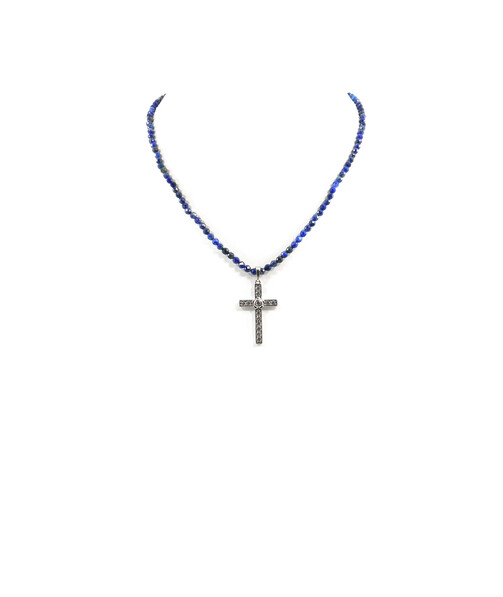 Exclusive necklace Cross with cubic zirconia, lapis lazuli cut 3.5 mm