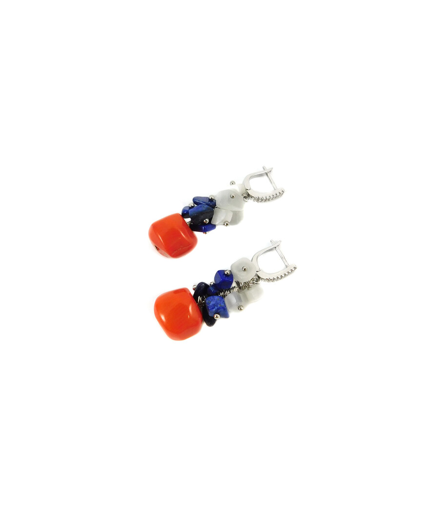 Exclusive earrings "Coral frost" Coral galtovka, Lapis lazuli, Cat's eye crumb