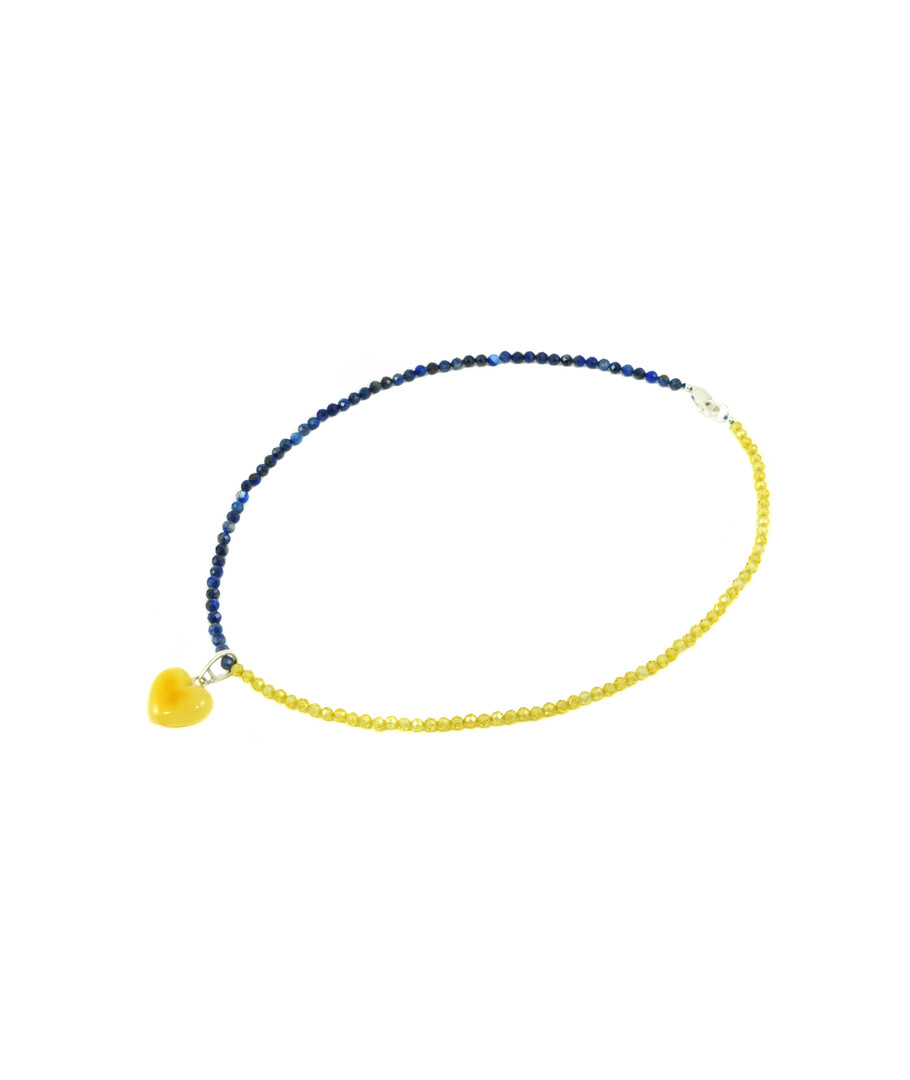 Exclusive necklace "Ukrainian heart" lapis lazuli, zircon, amber, silver