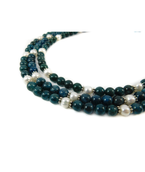 Exclusive necklace "Aurika" Apatite sphere, Pearls, 3 rows