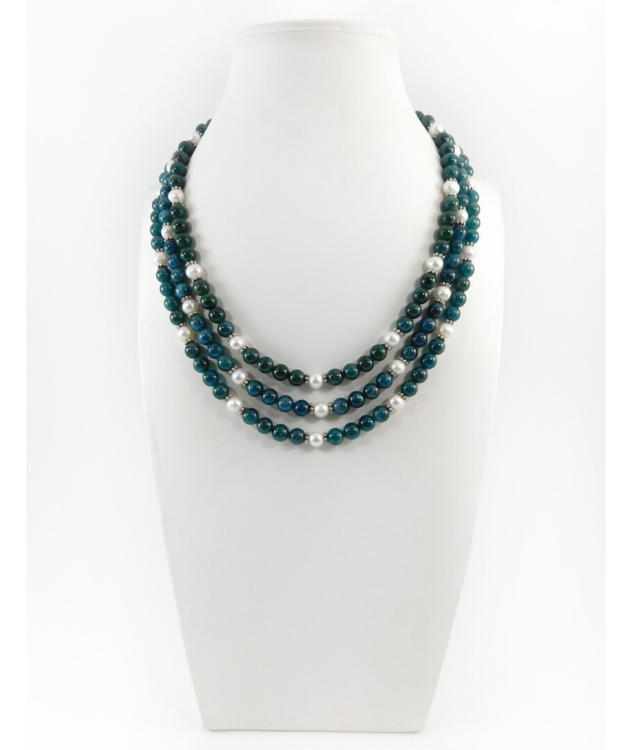 Exclusive necklace "Aurika" Apatite sphere, Pearls, 3 rows