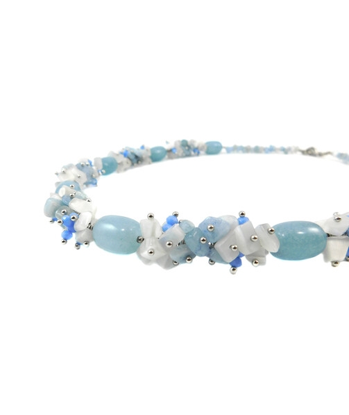 Exclusive necklace "The First Snow White" Aquamarine barrel, crumb, Cat's eye crumb