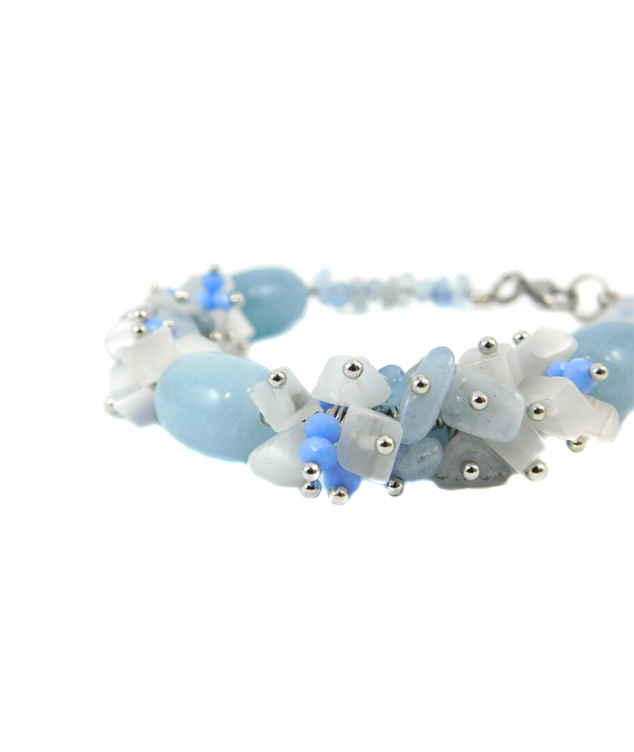 Exclusive bracelet "The First Snow White" Aquamarine barrel, crumb, Cat's eye crumb