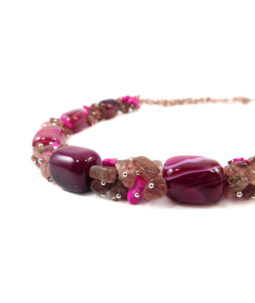 Exclusive necklace "Raspberry Souffle" Agate, Strawberry quartz crumb