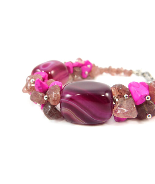 Exclusive bracelet "Raspberry Souffle" Agate, Strawberry quartz crumb