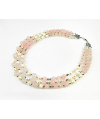 Exclusive necklace "Sylvia" Rose quartz, pearls, 3 rows