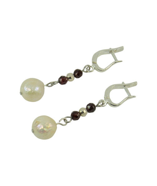 Exclusive "Baroque" earrings Baroque pearls, garnet facet, silver