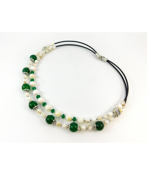 Exclusive necklace "Prima donna" Chrysoprase rondel, Mother of pearl, 2 rows