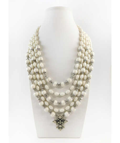 Exclusive necklace "White Queen2" Coral sphere, rice, 5 rows