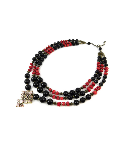 Exclusive necklace "Agate Air" Agate, Coral, 3 rows