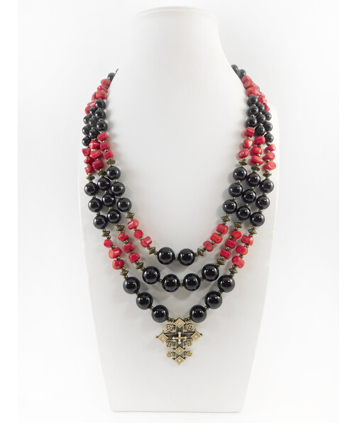 Exclusive necklace "Agate Air" Agate, Coral, 3 rows