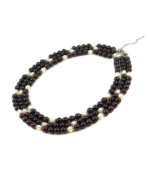 Exclusive necklace "Aurika" Garnet sphere, Pearls, 3 rows