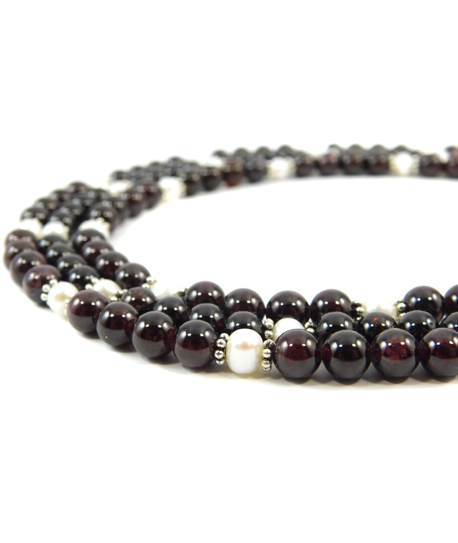 Exclusive necklace "Aurika" Garnet sphere, Pearls, 3 rows