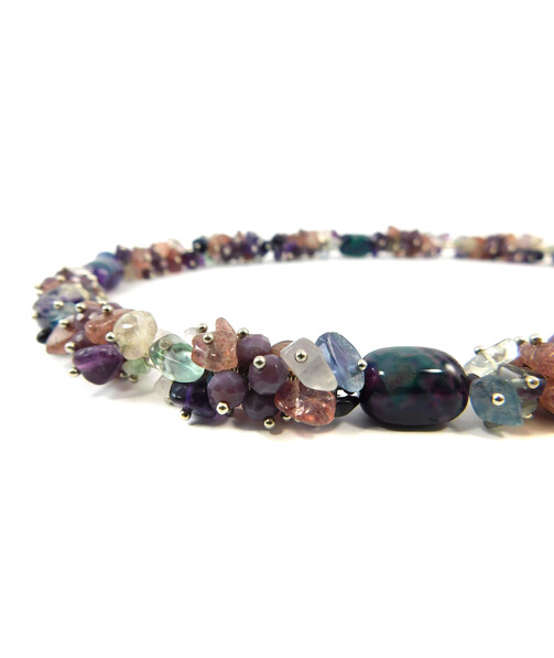 Exclusive necklace "Spring mallows" Agate bar, Amethyst crumb, Chalcedony, Fluorite