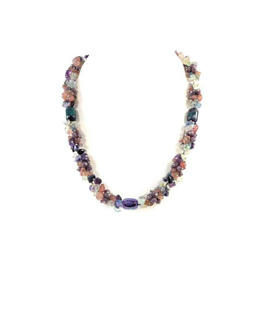 Exclusive necklace "Spring mallows" Agate bar, Amethyst crumb, Chalcedony, Fluorite