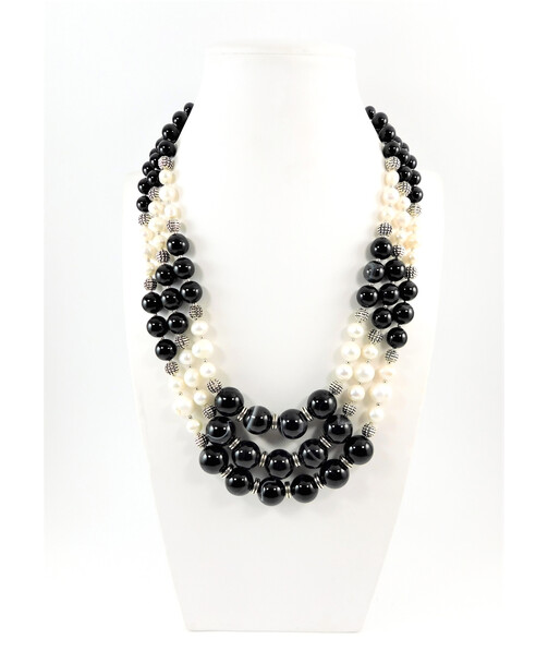 Exclusive necklace "Merabella" Agate, Pearls, 3-row