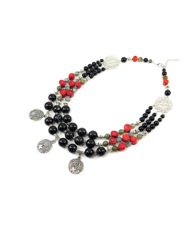 Exclusive necklace "Silver Owl" Agate, Jasper, Coral, 3-row