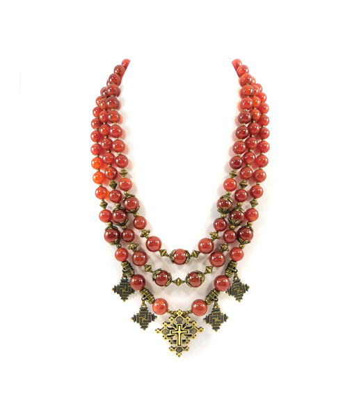 Exclusive necklace "Vseslava 2" Carnelian sphere, 3 rows