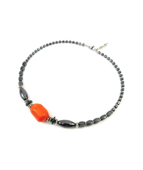 Exclusive necklace "Prima Donna" Coral, Hematite cube, barrel