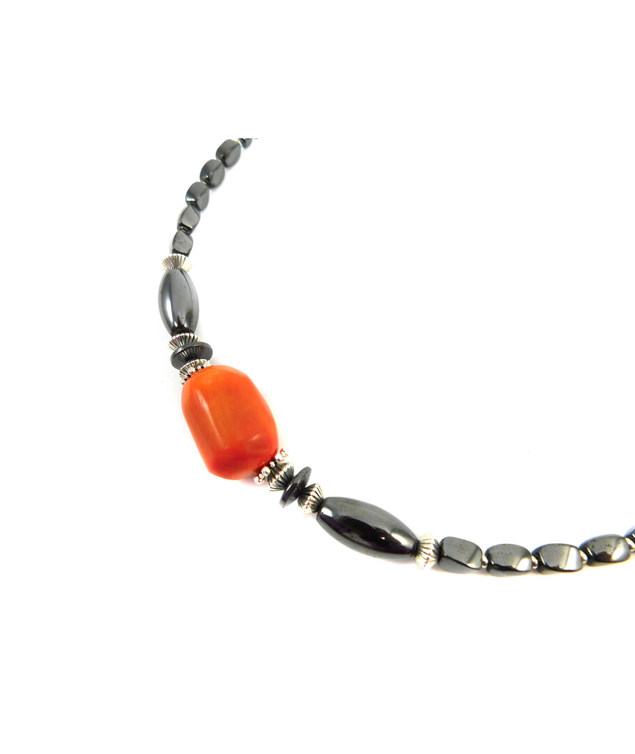 Exclusive necklace "Prima Donna" Coral, Hematite cube, barrel