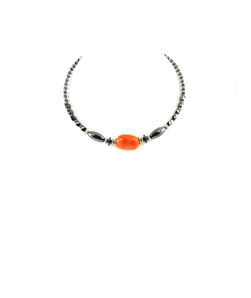 Exclusive necklace "Prima Donna" Coral, Hematite cube, barrel