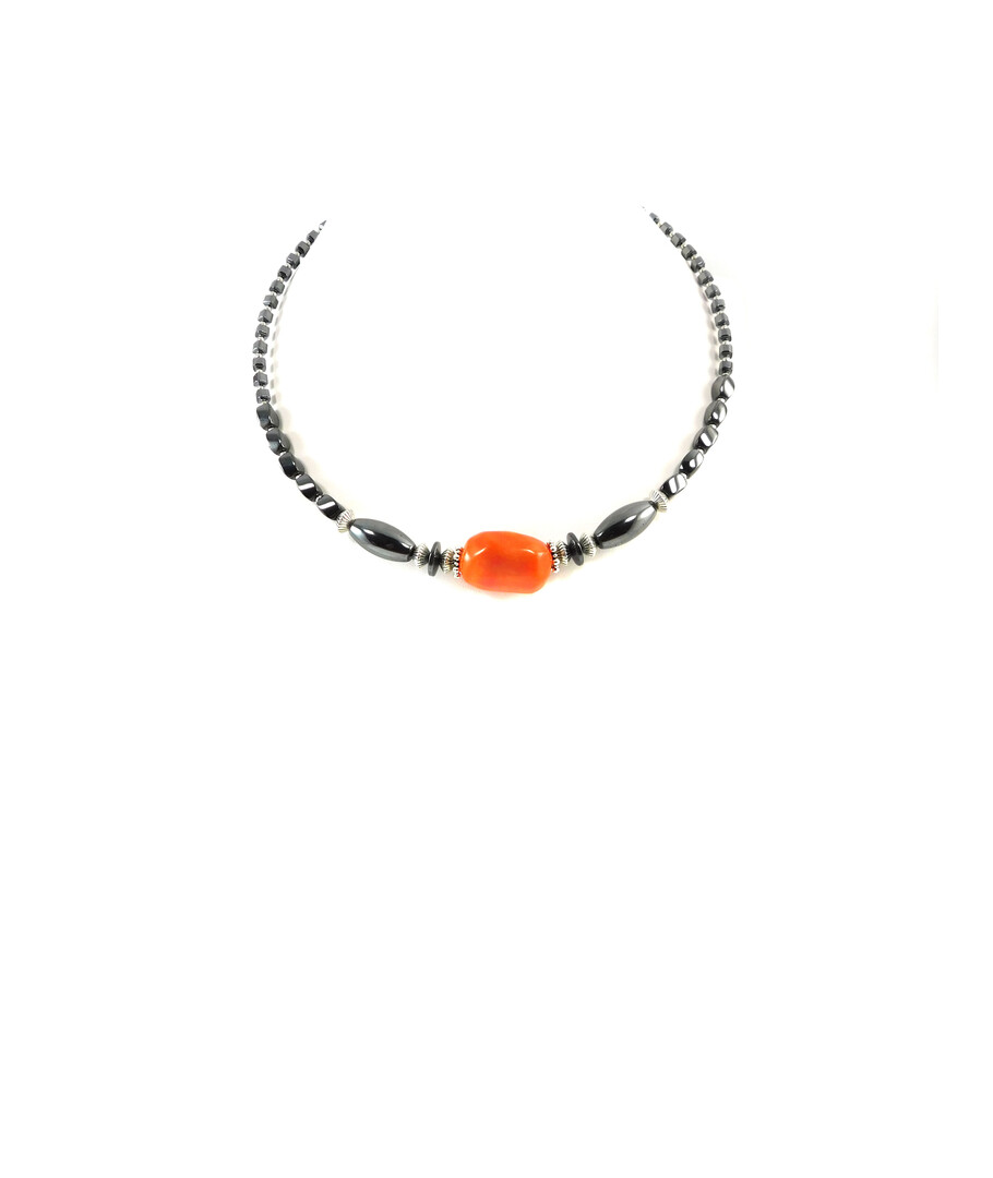 Exclusive necklace "Prima Donna" Coral, Hematite cube, barrel