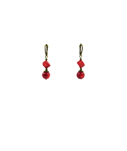 Exclusive earrings "Red Lily" Coral cube, sphere