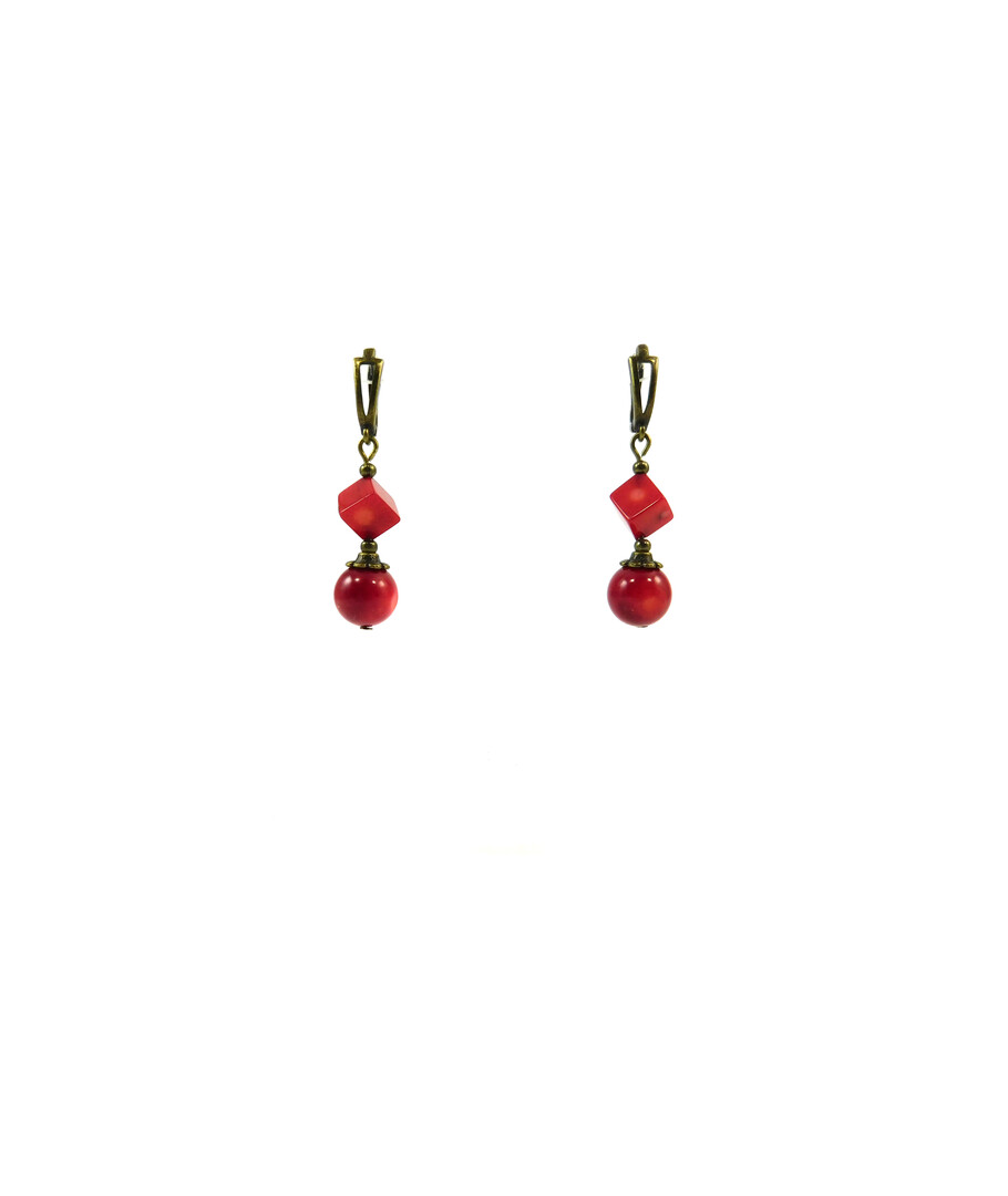 Exclusive earrings "Red Lily" Coral cube, sphere