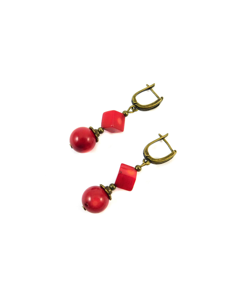 Exclusive earrings "Red Lily" Coral cube, sphere